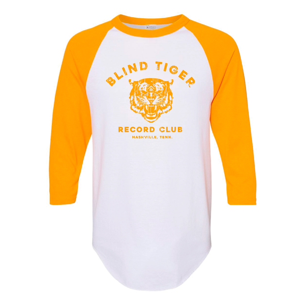 B.T.R.C. Baseball T-Shirt (White w/Gold 3/4-sleeve) - Blind Tiger Record Club