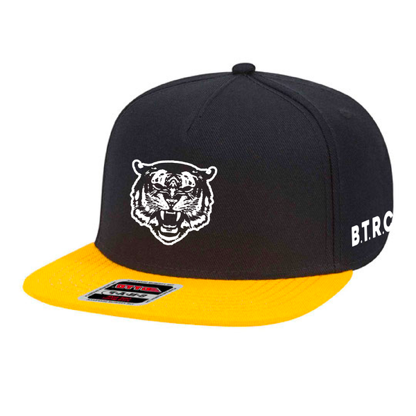 B.T.R.C. 5 Panel Snapback Hat (Black/Yellow w/White Embroidered Tiger Logo) - Blind Tiger Record Club