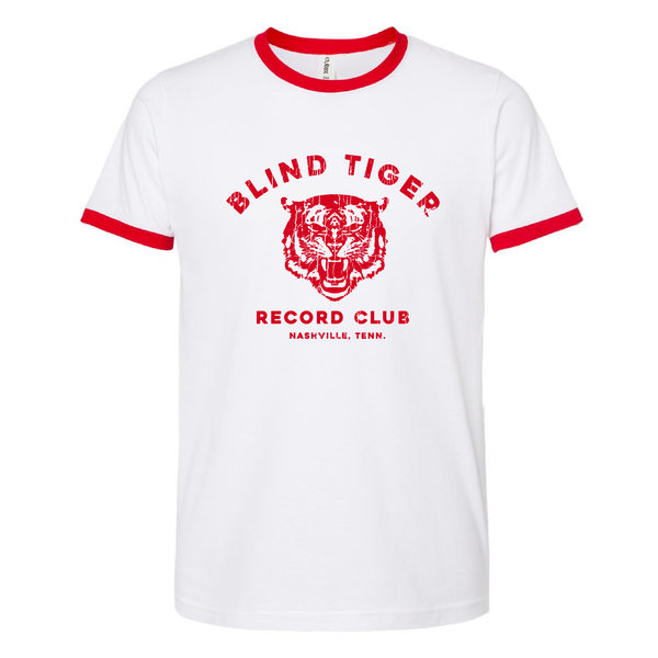 B.T.R.C. Distressed T-Shirt (White w/Red Tiger Logo) - Blind Tiger Record Club