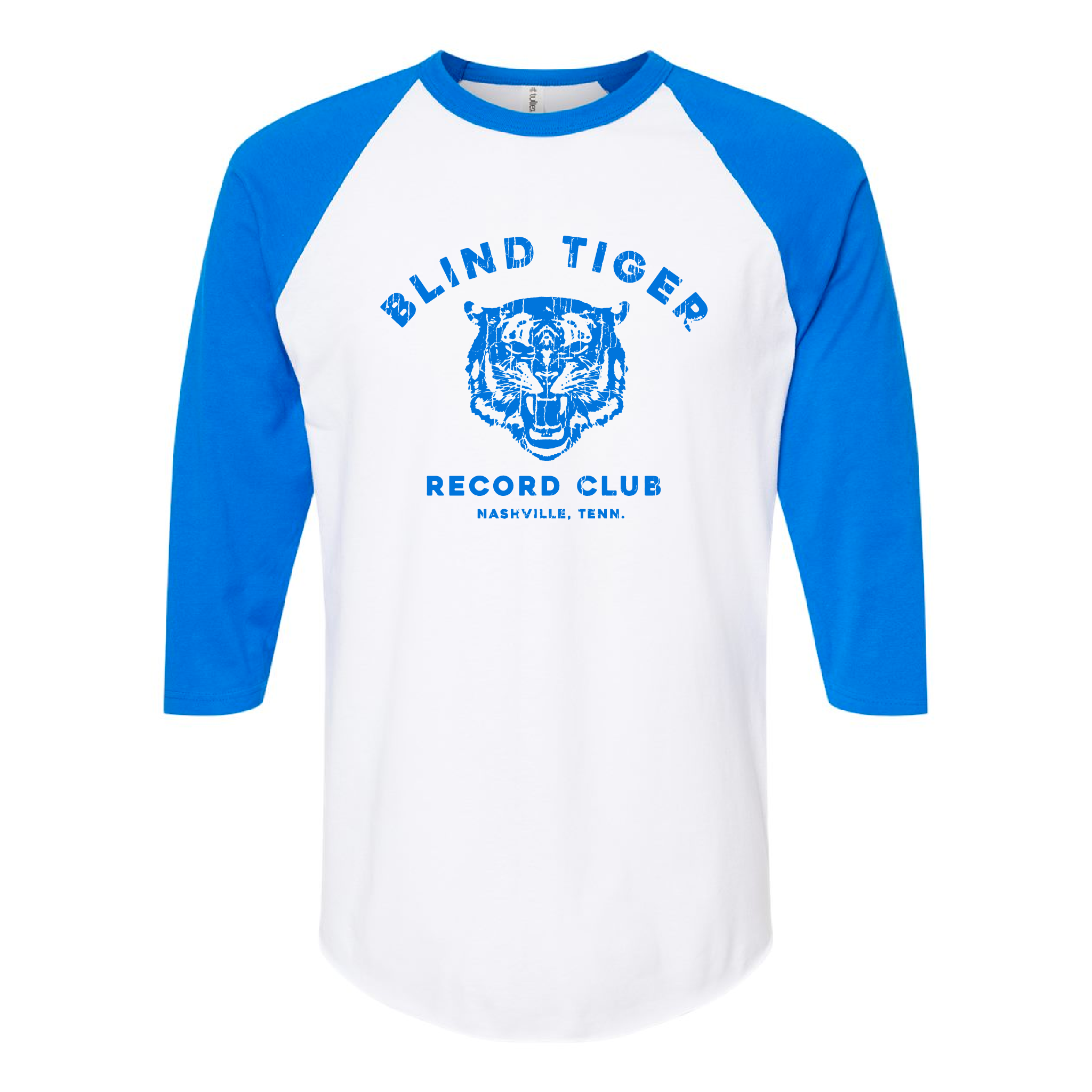 B.T.R.C. Baseball T-Shirt (White w/Blue 3/4-sleeve) - Blind Tiger Record Club