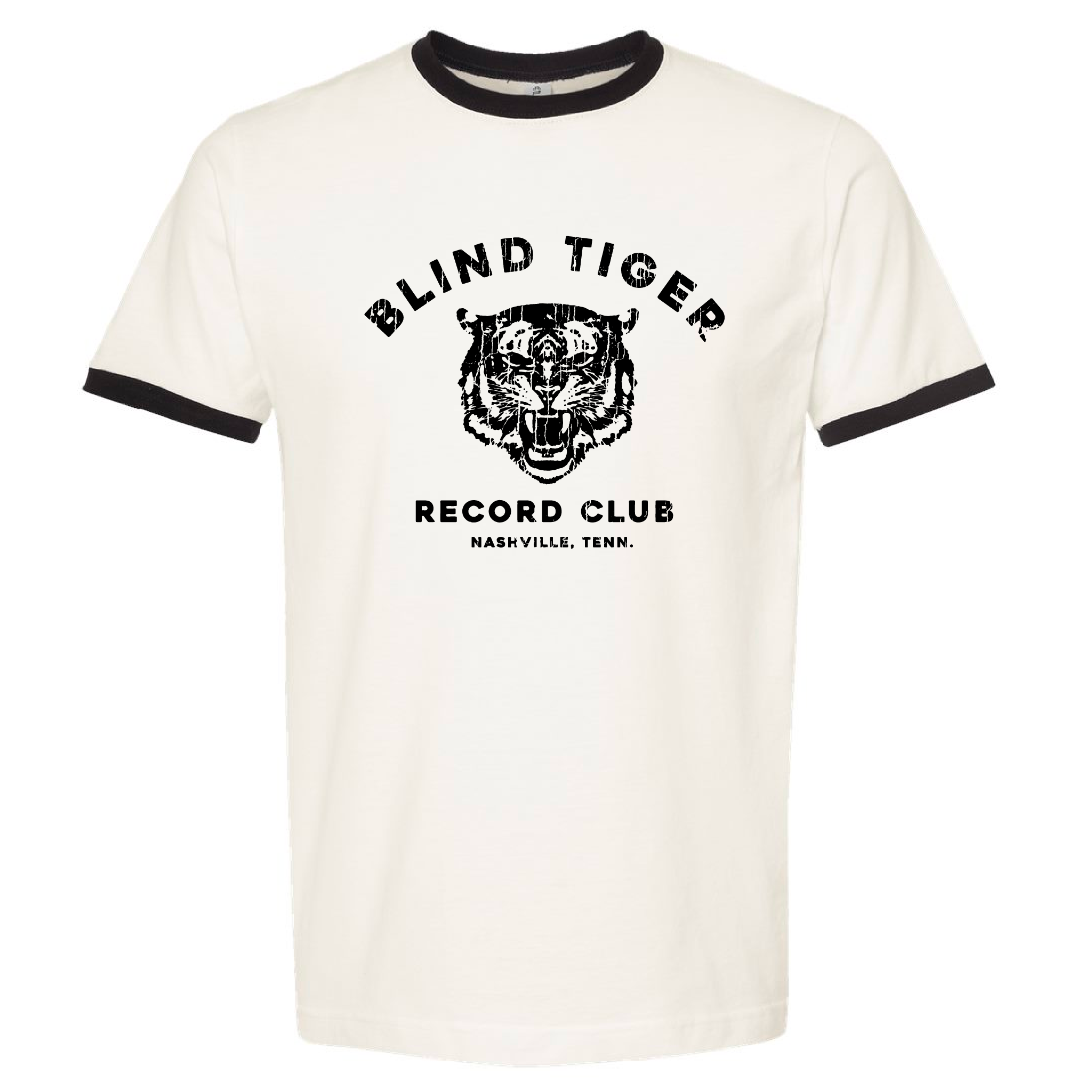 B.T.R.C. Distressed T-Shirt (White w/Black Tiger Logo) - Blind Tiger Record Club
