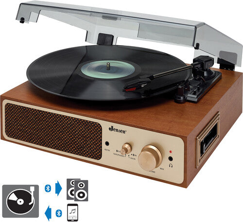 Jensen JTA-245 Dual Bluetooth Wireless Turntable 3 Speeds CassettePlayer with Built in Speakers and Headphone Jack Wood Look (Brown) - Blind Tiger Record Club