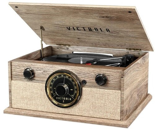 Victrola VTA-245B-FOT 4-in-1 Cambridge Farmhouse Modern BluetoothTurntable 3 Speeds with FM Radio Built in Speakers (Farmhouse Oatmeal) - Blind Tiger Record Club